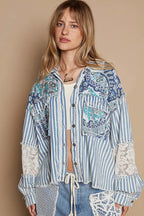 POL Printed Woven Mix Raw Hem Jacket with Lace Detail