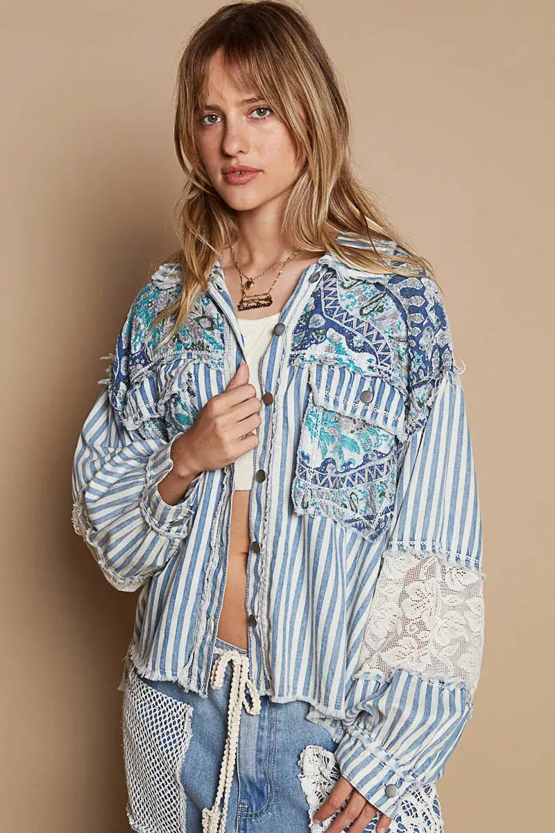 POL Printed Woven Mix Raw Hem Jacket with Lace Detail