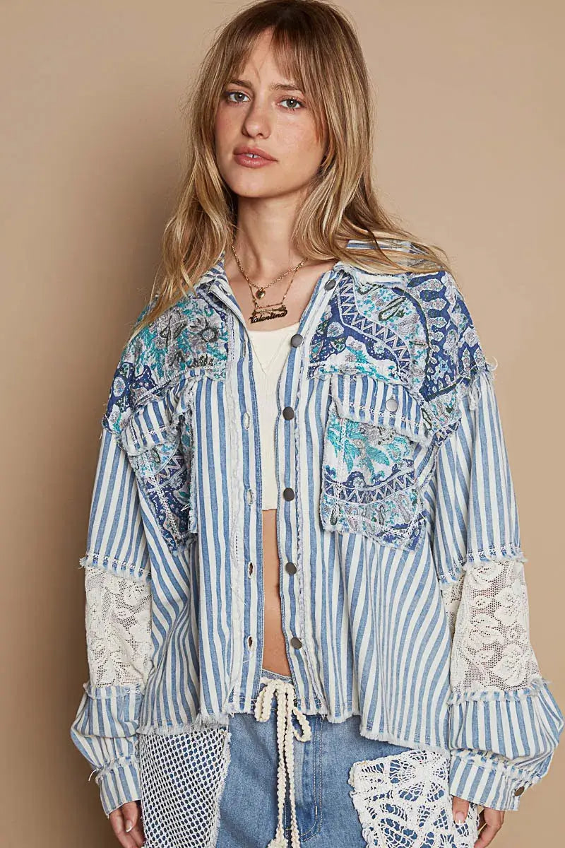 POL Printed Woven Mix Raw Hem Jacket with Lace Detail