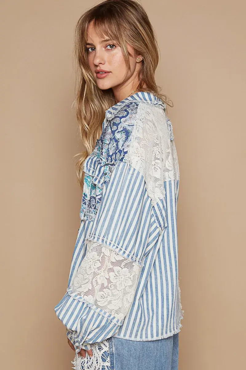 POL Printed Woven Mix Raw Hem Jacket with Lace Detail
