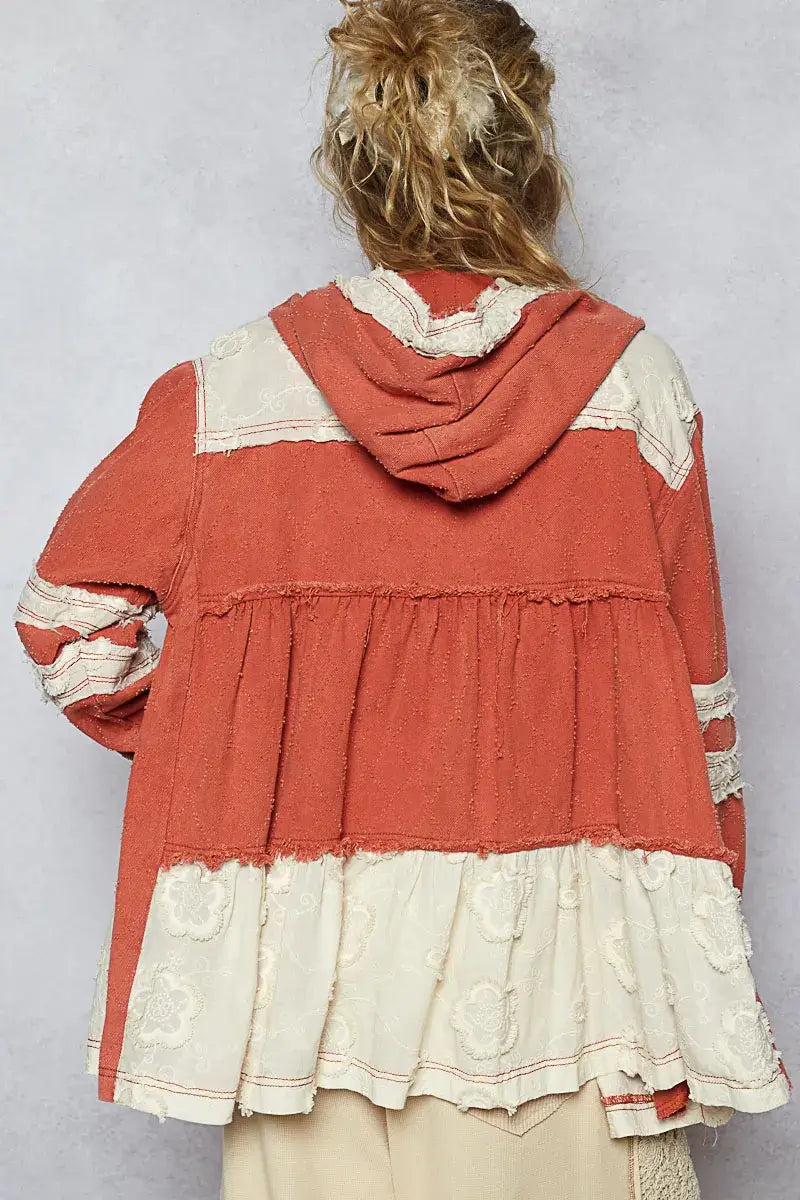 POL Raw Hem Color Block Hooded Jacket