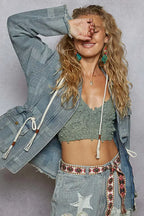 POL Raw Hem Drawstring Zip Up Hooded Denim Jacket