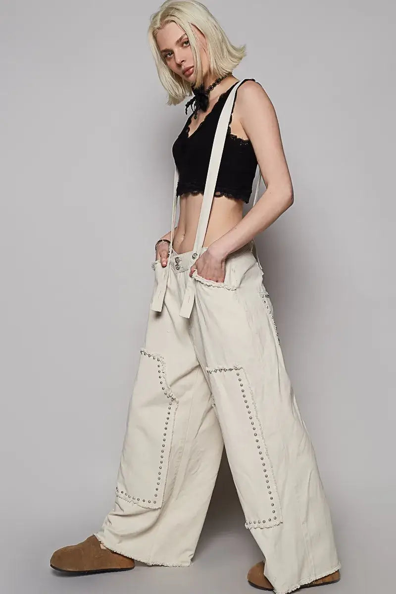 POL Raw Hem Studded Knee Patches Cargo Overalls