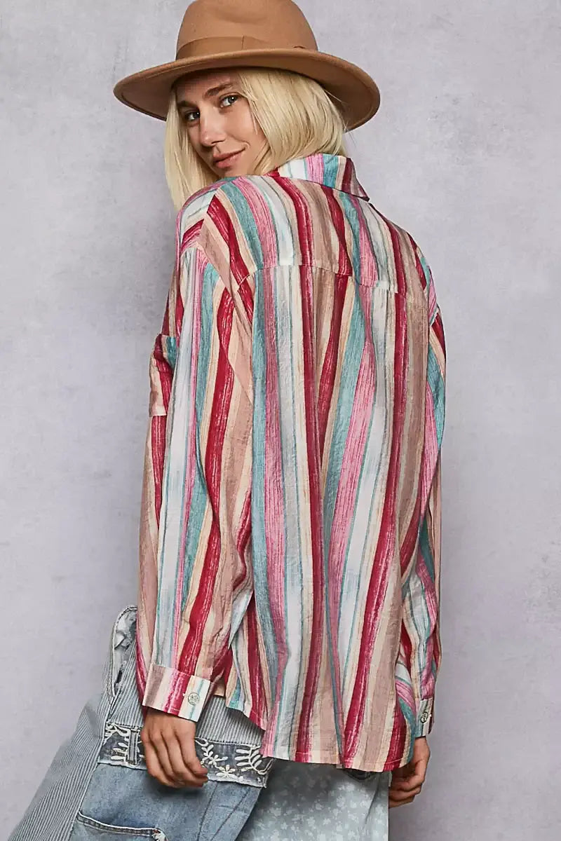 POL Striped Button-Down Oversized Shirt