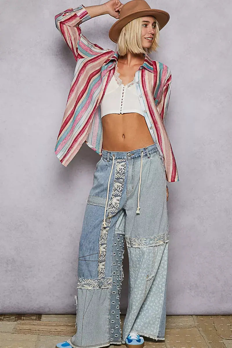 POL Striped Button-Down Oversized Shirt