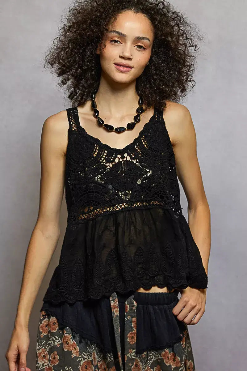 POL V-Neck Crochet Tank with Floral Embroidery Detail