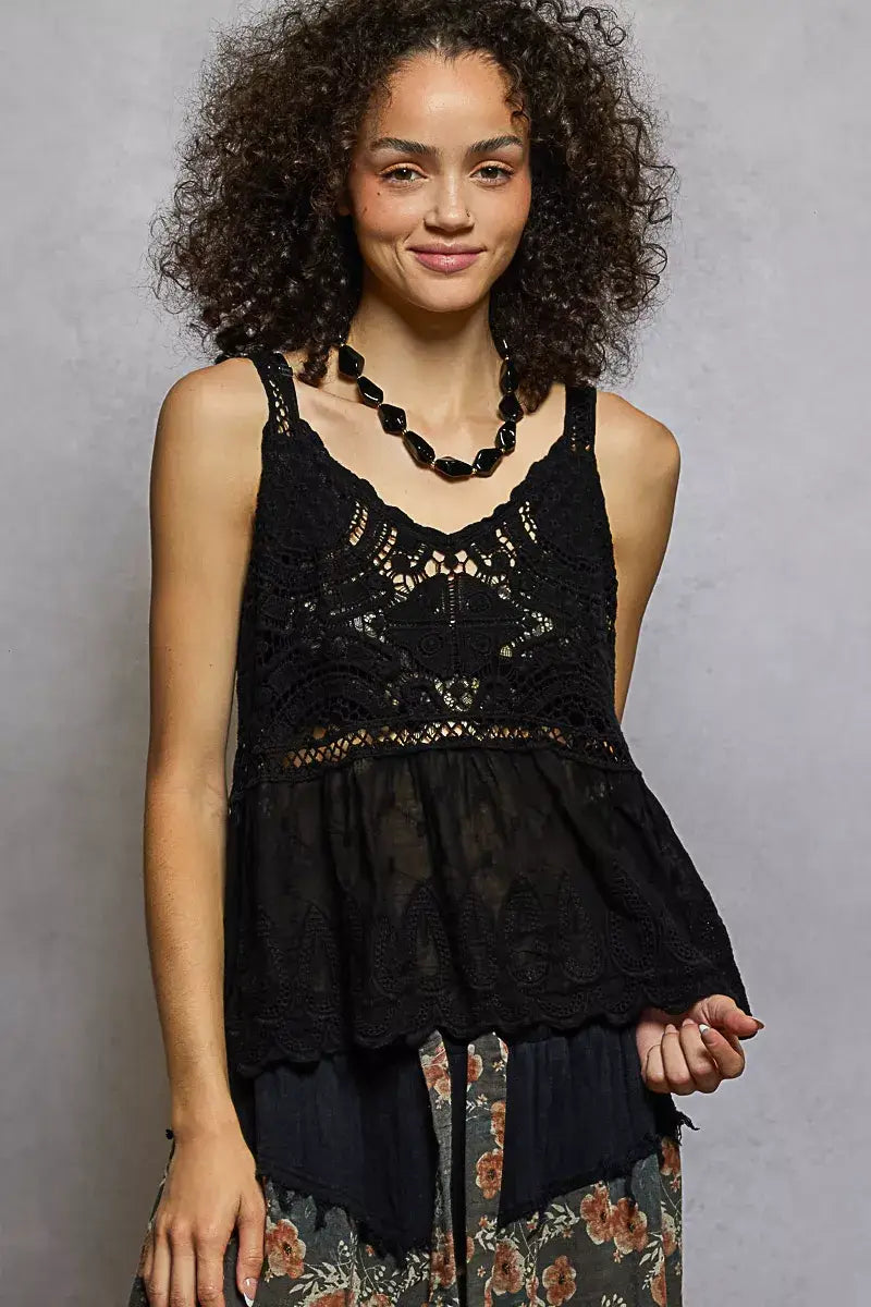 POL V-Neck Crochet Tank with Floral Embroidery Detail