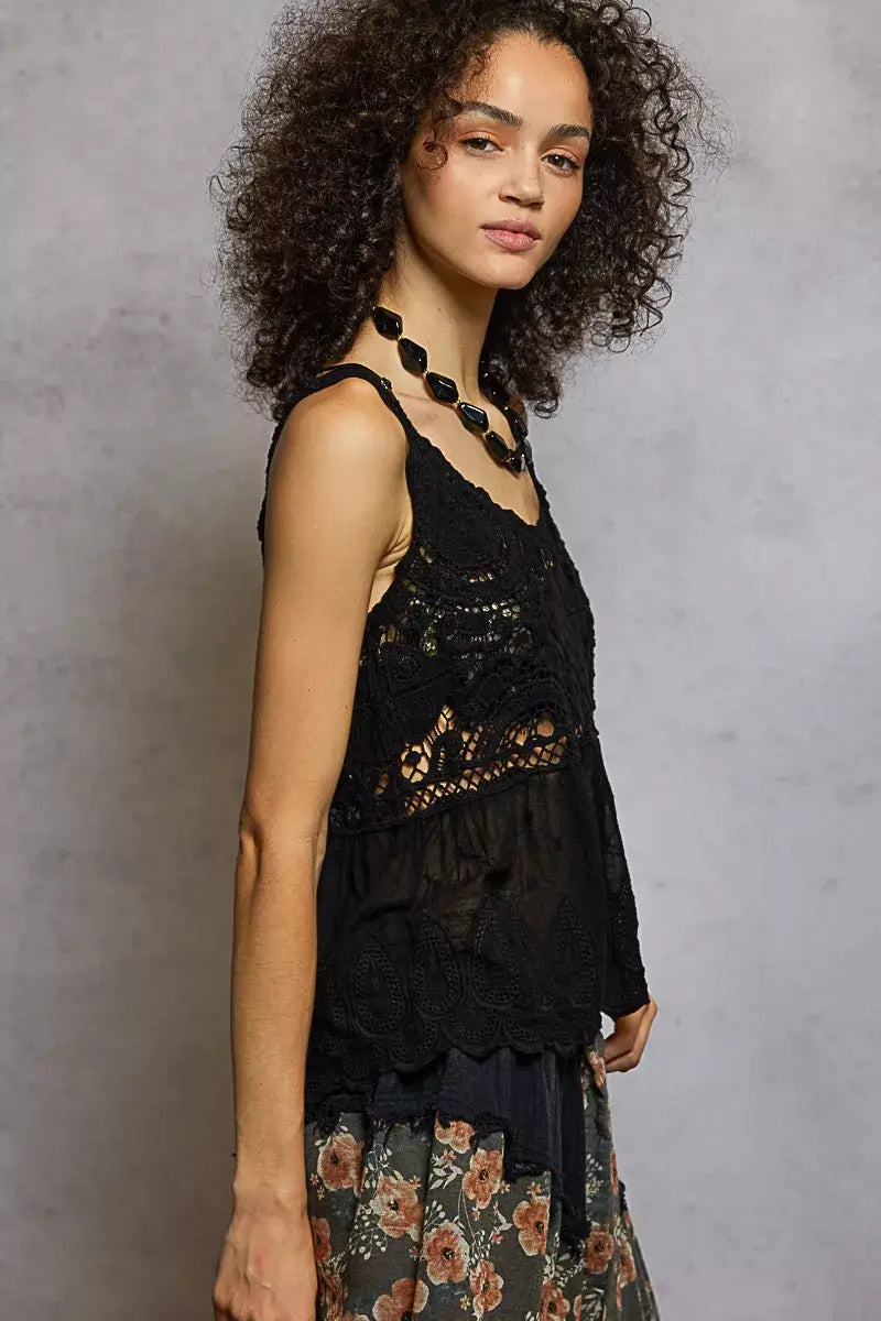 POL V-Neck Crochet Tank with Floral Embroidery Detail