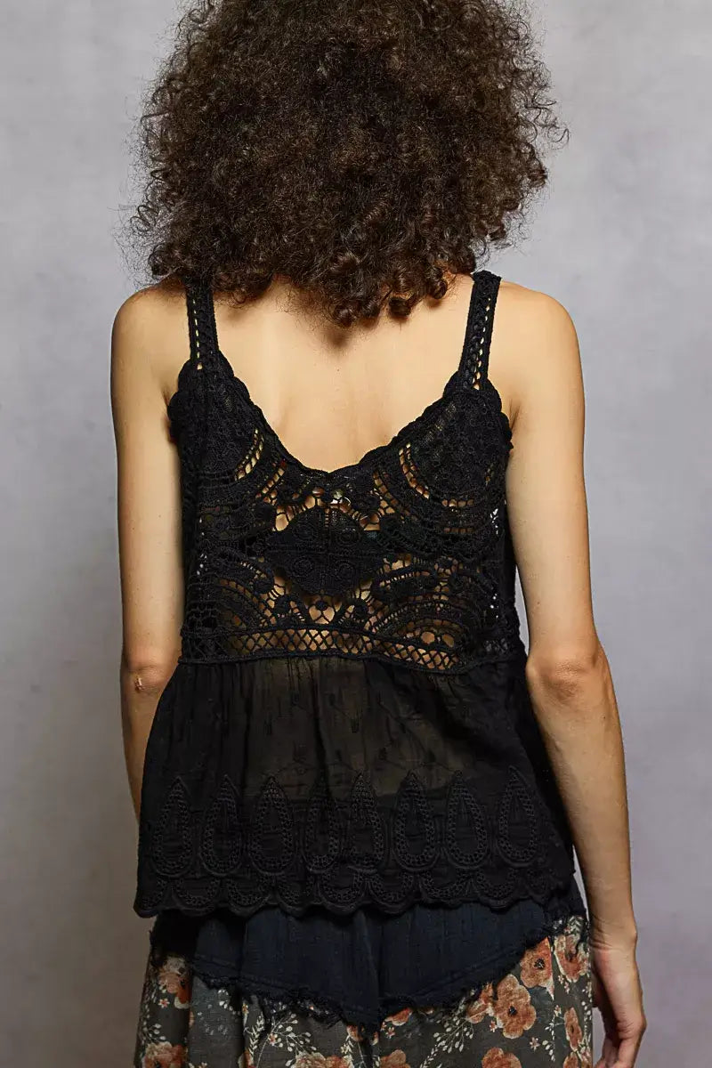 POL V-Neck Crochet Tank with Floral Embroidery Detail