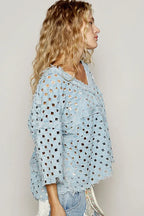 POL V-Neck Short Sleeve Top with Laser Cut Detail