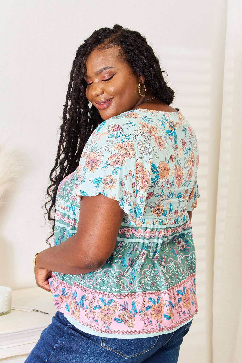 Perfee Floral Tie Neck Short Sleeve Blouse Zweitbild