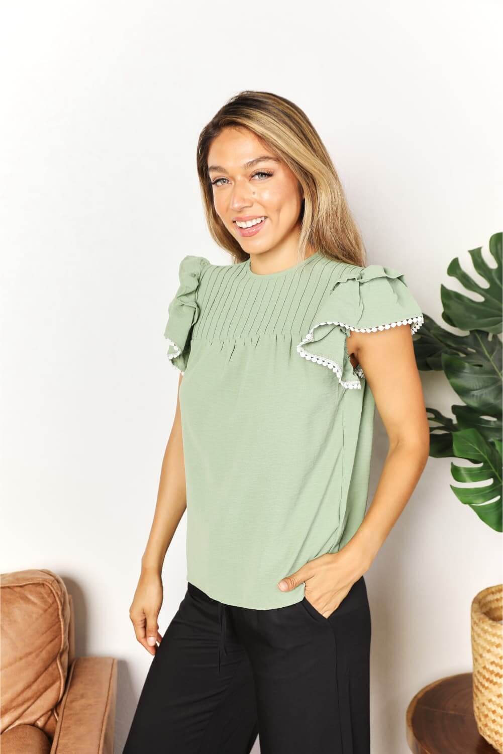 Pleated Flutter Sleeve Blouse - Stylish & Versatile