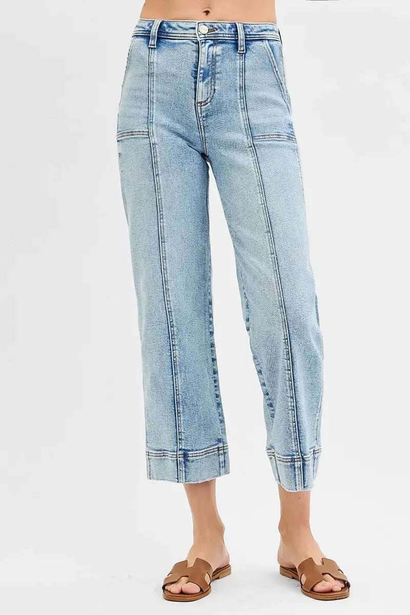 RISEN Full Size High Rise Crop Wide Front Seam Detailed Jeans Plus Size
