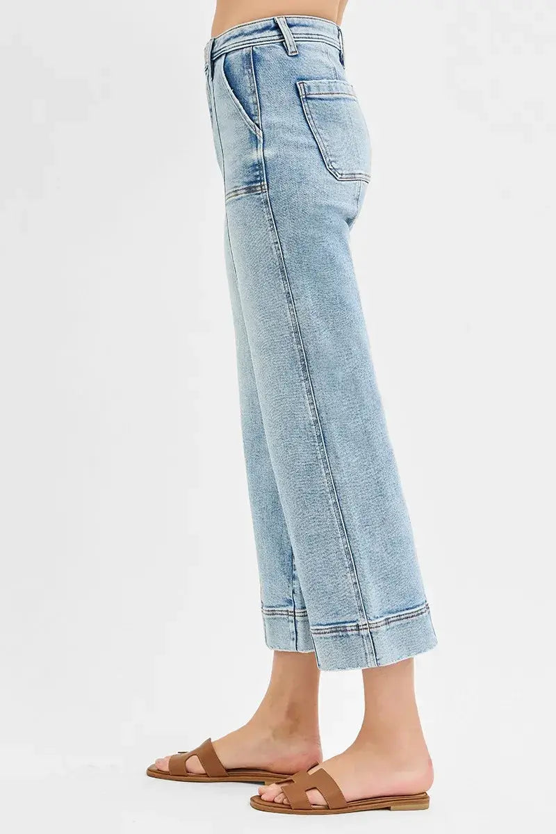 RISEN Full Size High Rise Crop Wide Front Seam Detailed Jeans Plus Size