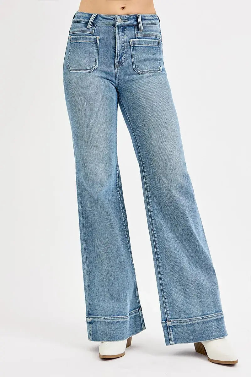 RISEN Full Size High Rise Wide Flare Patch Pocket Jeans Plus Size