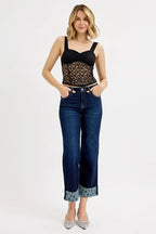 RISEN Full Size Mid Rise Fit Crop Wide With Printed Cuff Jeans Plus Size