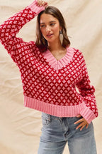 SO ME Color Block Textured Christmas Sweater V Neck Top
