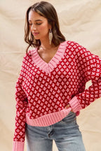 SO ME Color Block Textured Christmas Sweater V Neck Top