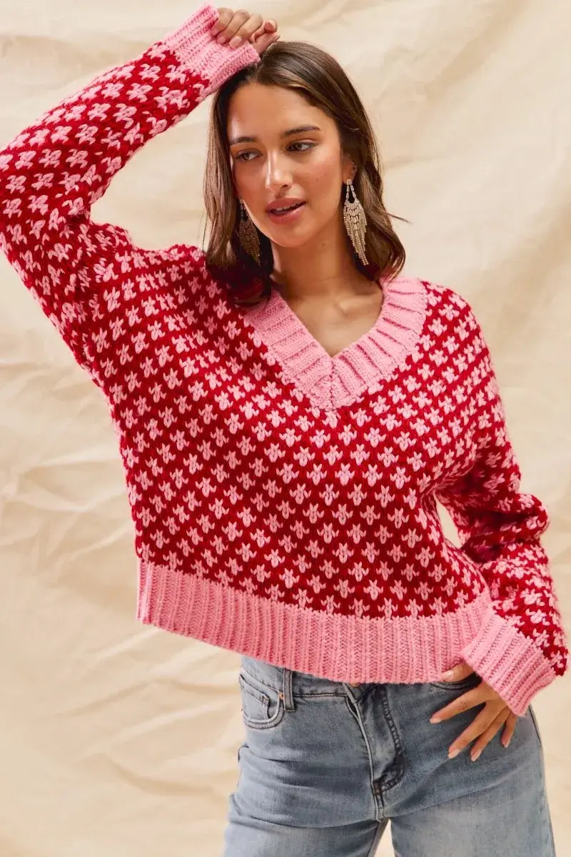 SO ME Color Block Textured Christmas Sweater V Neck Top