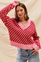 SO ME Color Block Textured Christmas Sweater V Neck Top