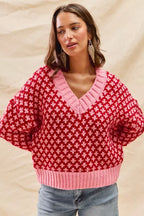 SO ME Color Block Textured Christmas Sweater V Neck Top