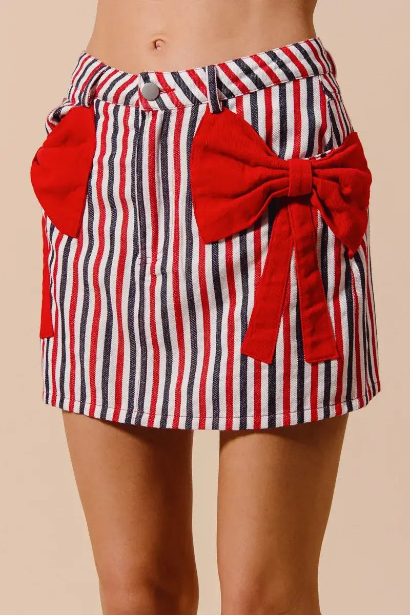 SO ME Contrast Bow Knot Pocket Fourth Of July Denim Skirt