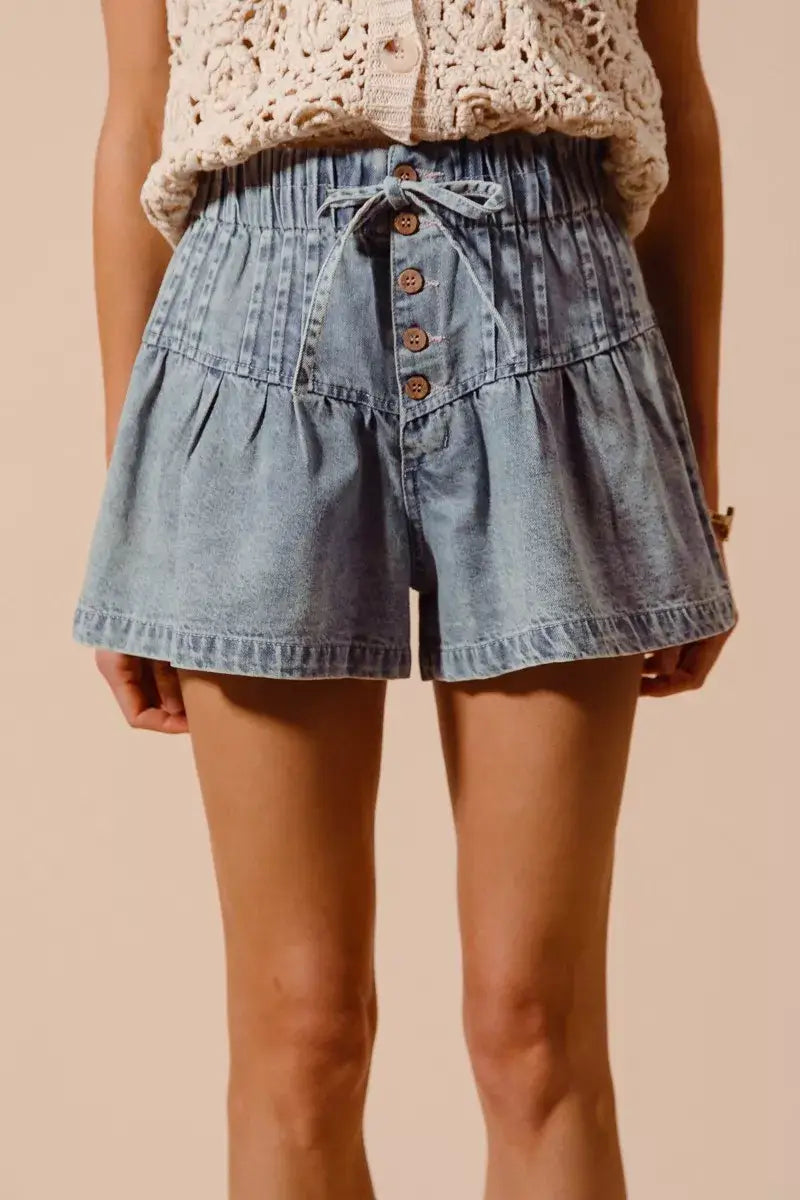 SO ME Flared Denim Shorts with Elasticized Waist