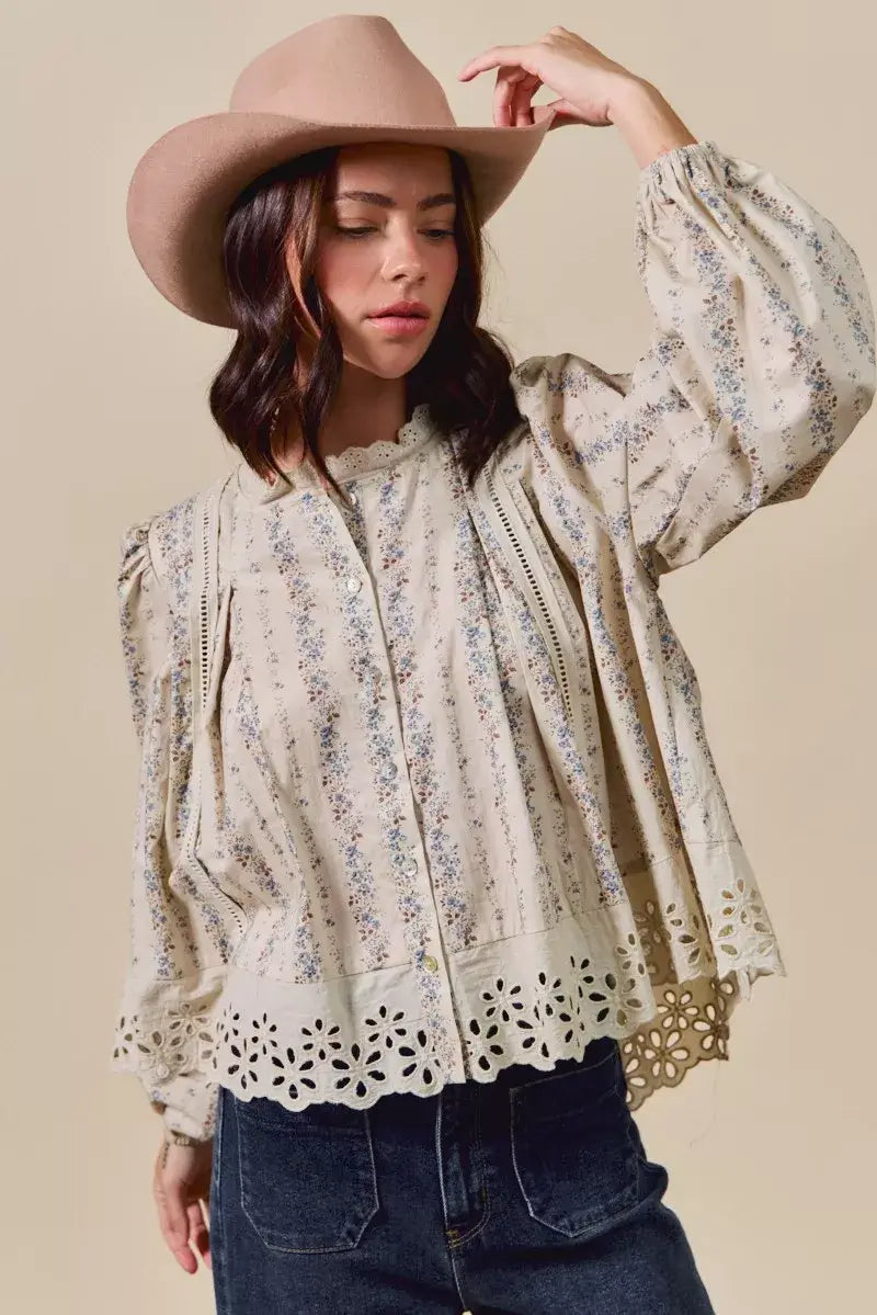 SO ME Floral Print Lace Button Down Shirt Image principale du produit