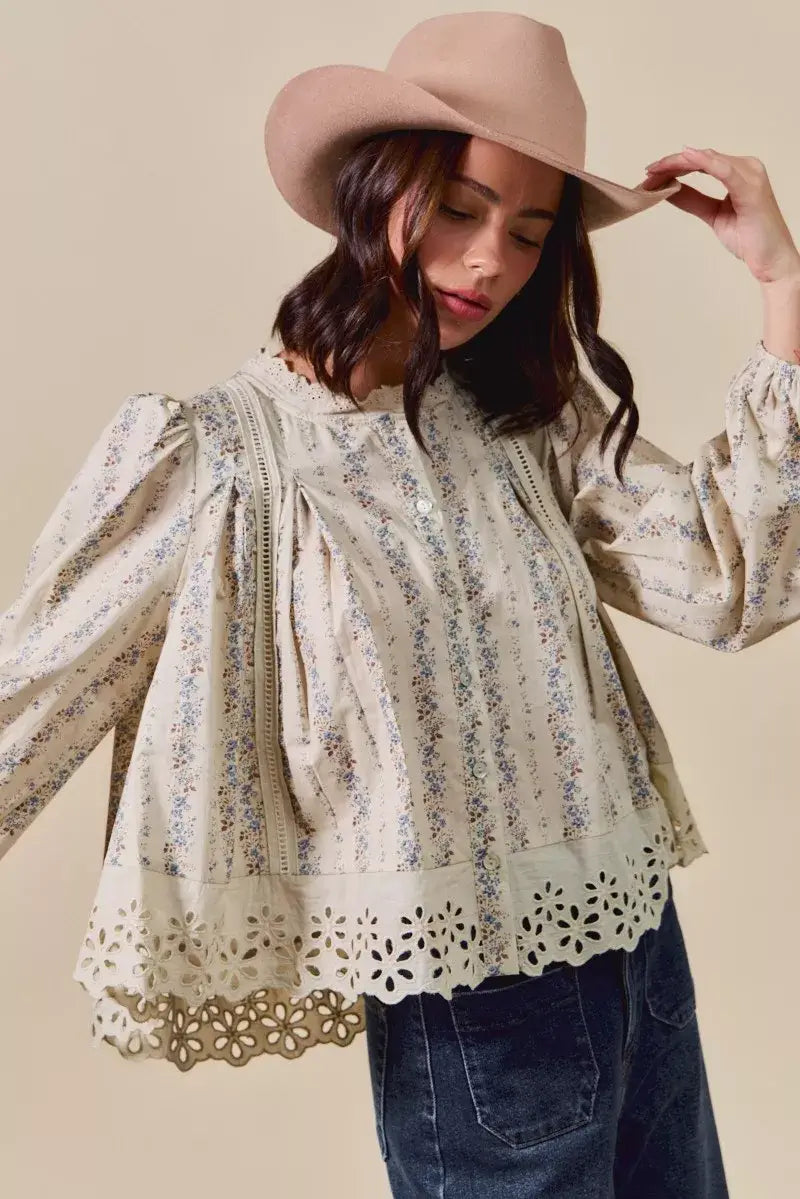 SO ME Floral Print Lace Button Down Shirt