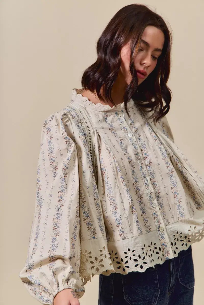 SO ME Floral Print Lace Button Down Shirt