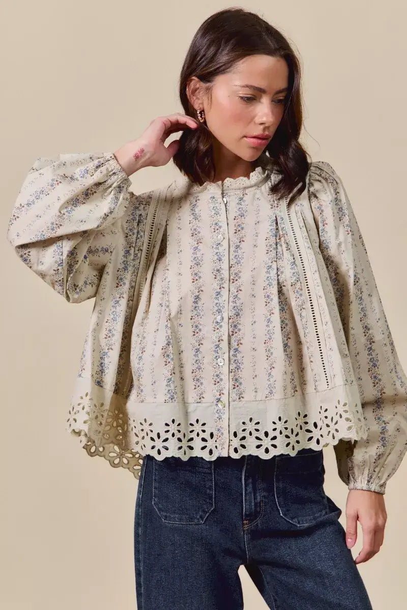 SO ME Floral Print Lace Button Down Shirt
