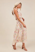 SO ME Floral Printed Woven Shoulder Bow Tie Top and Skirt Set