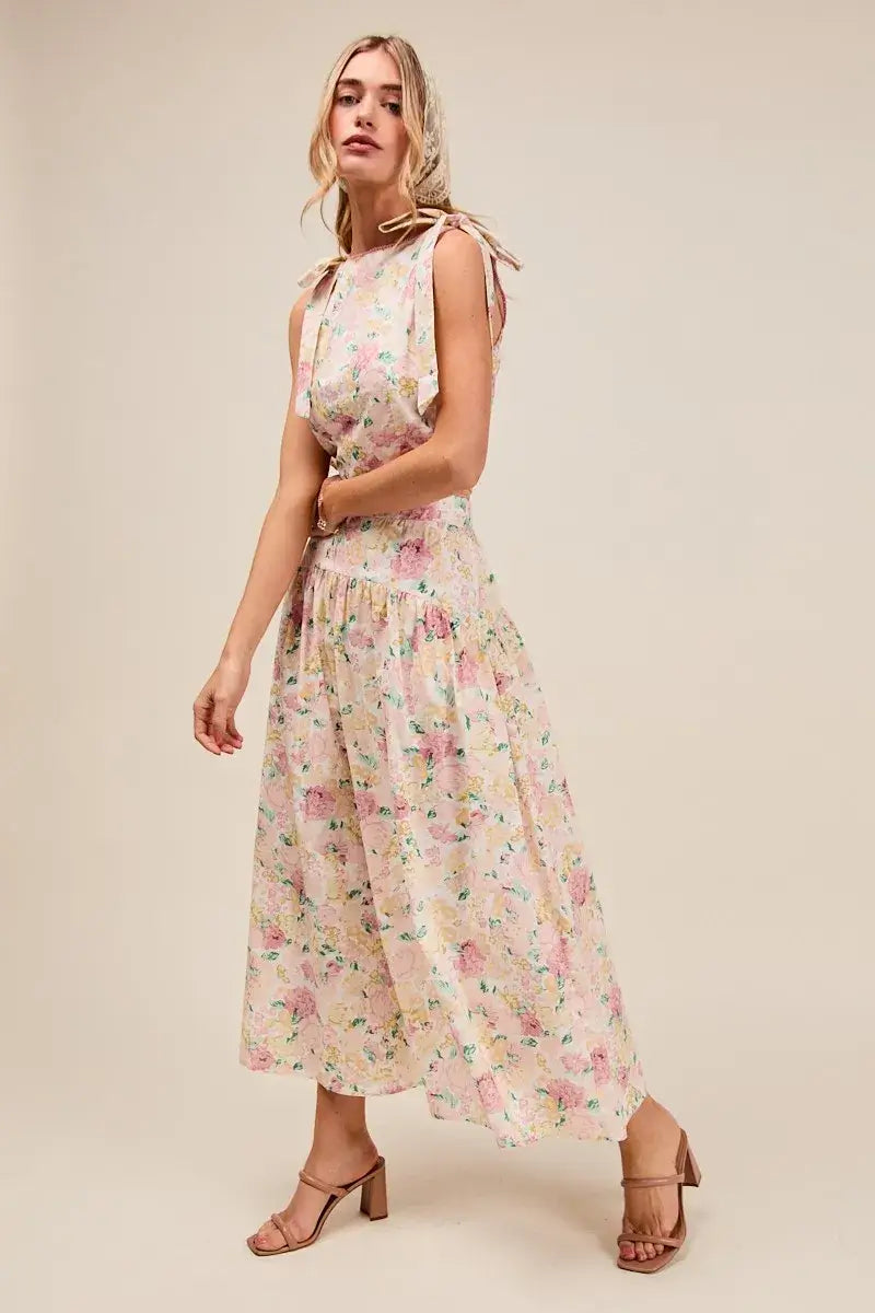SO ME Floral Printed Woven Shoulder Bow Tie Top and Skirt Set