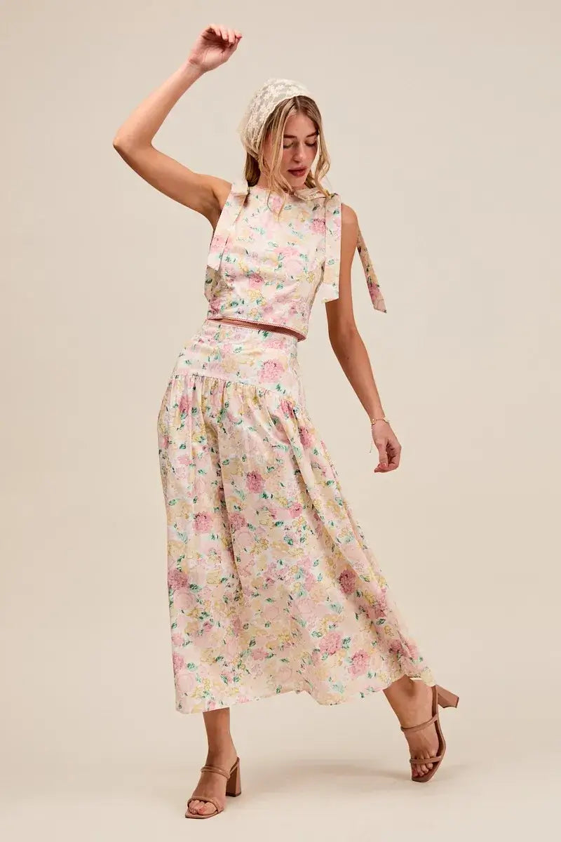 SO ME Floral Printed Woven Shoulder Bow Tie Top and Skirt Set