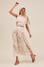 SO ME Floral Printed Woven Shoulder Bow Tie Top and Skirt Set