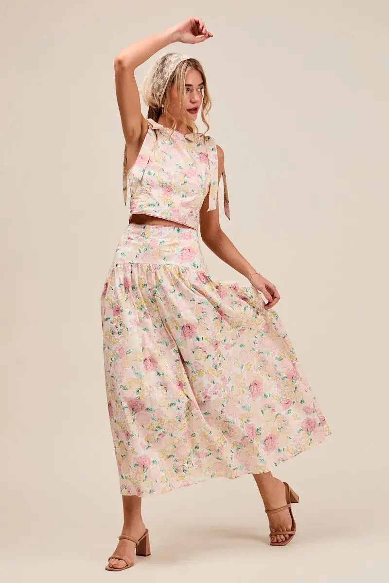 SO ME Floral Printed Woven Shoulder Bow Tie Top and Skirt Set