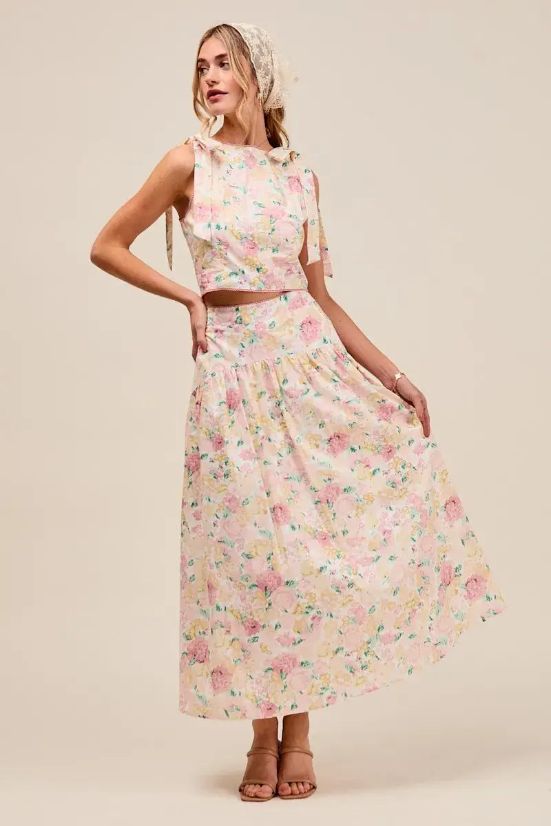 SO ME Floral Printed Woven Shoulder Bow Tie Top and Skirt Set