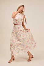 SO ME Floral Printed Woven Shoulder Bow Tie Top and Skirt Set