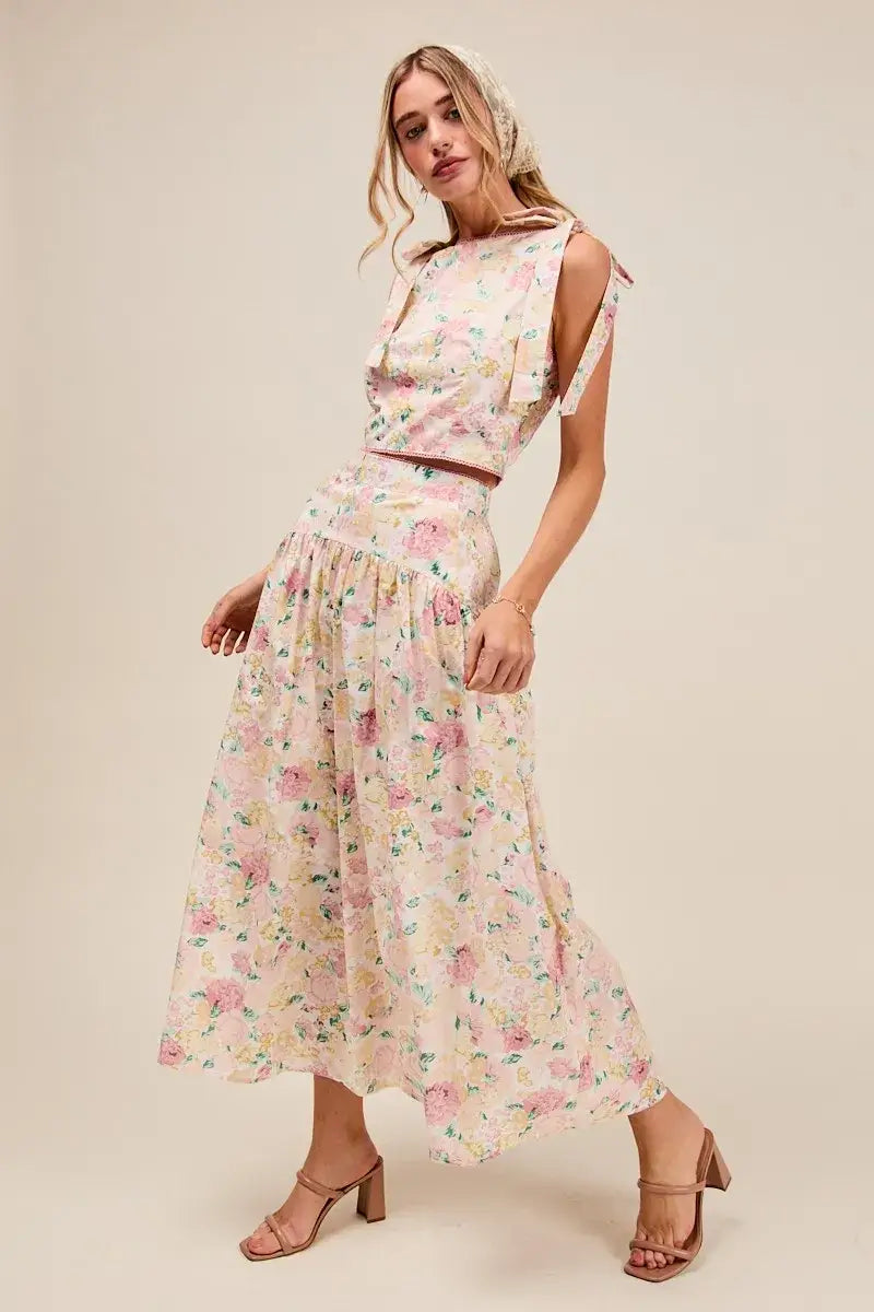 SO ME Floral Printed Woven Shoulder Bow Tie Top and Skirt Set