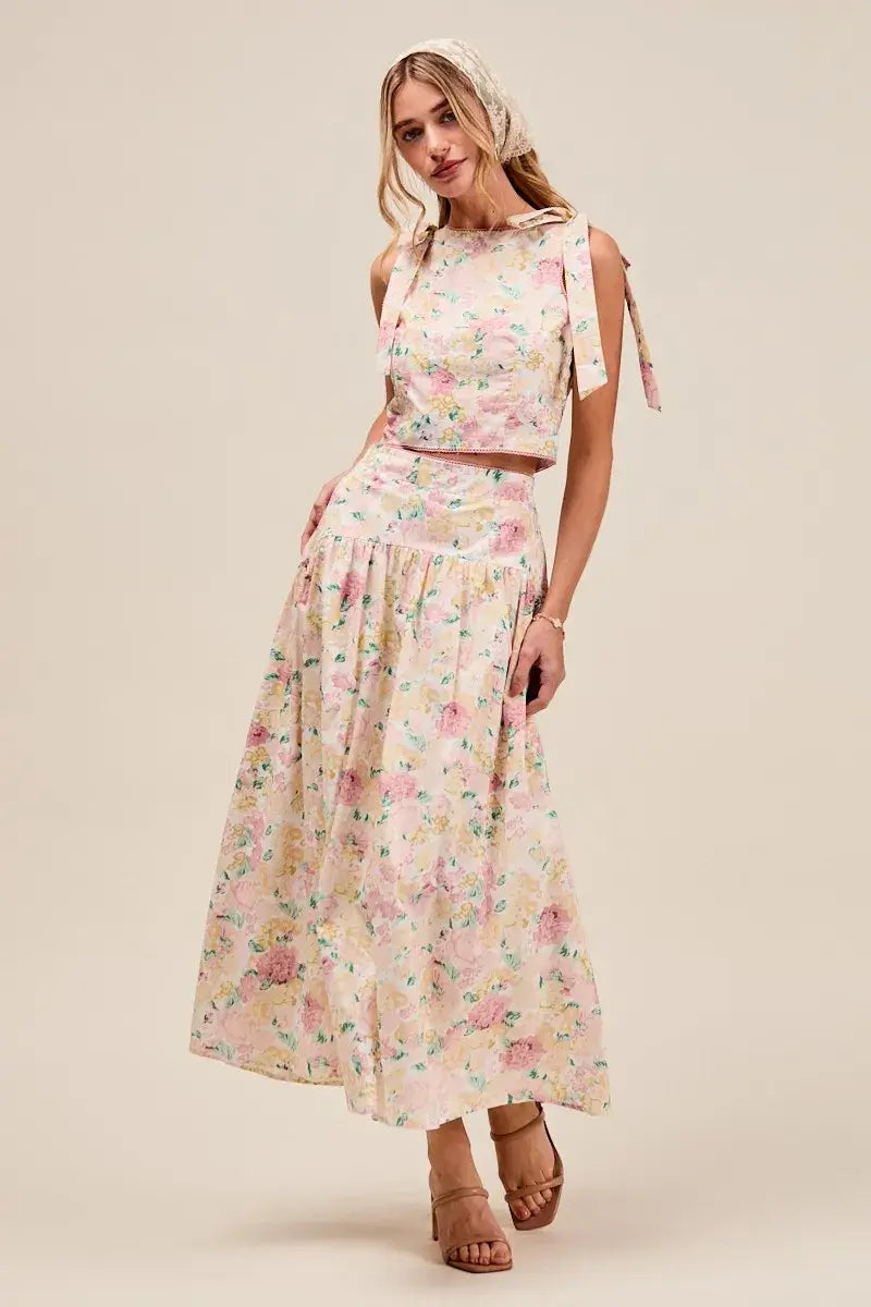 SO ME Floral Printed Woven Shoulder Bow Tie Top and Skirt Set