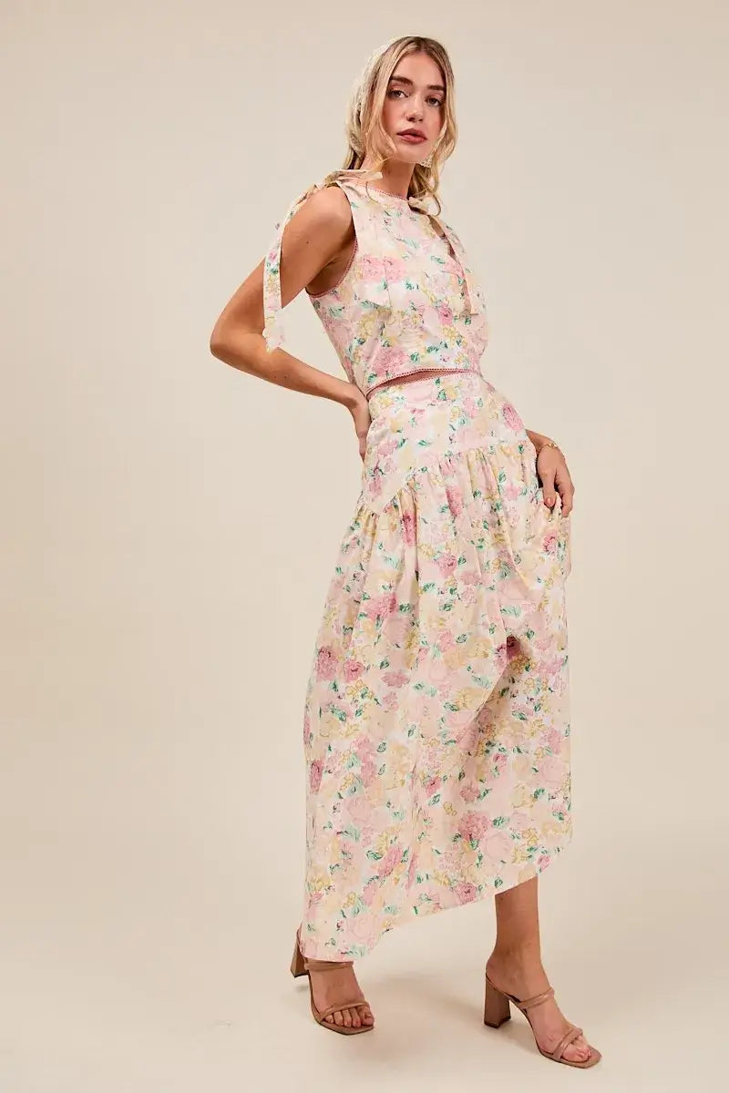 SO ME Floral Printed Woven Shoulder Bow Tie Top and Skirt Set