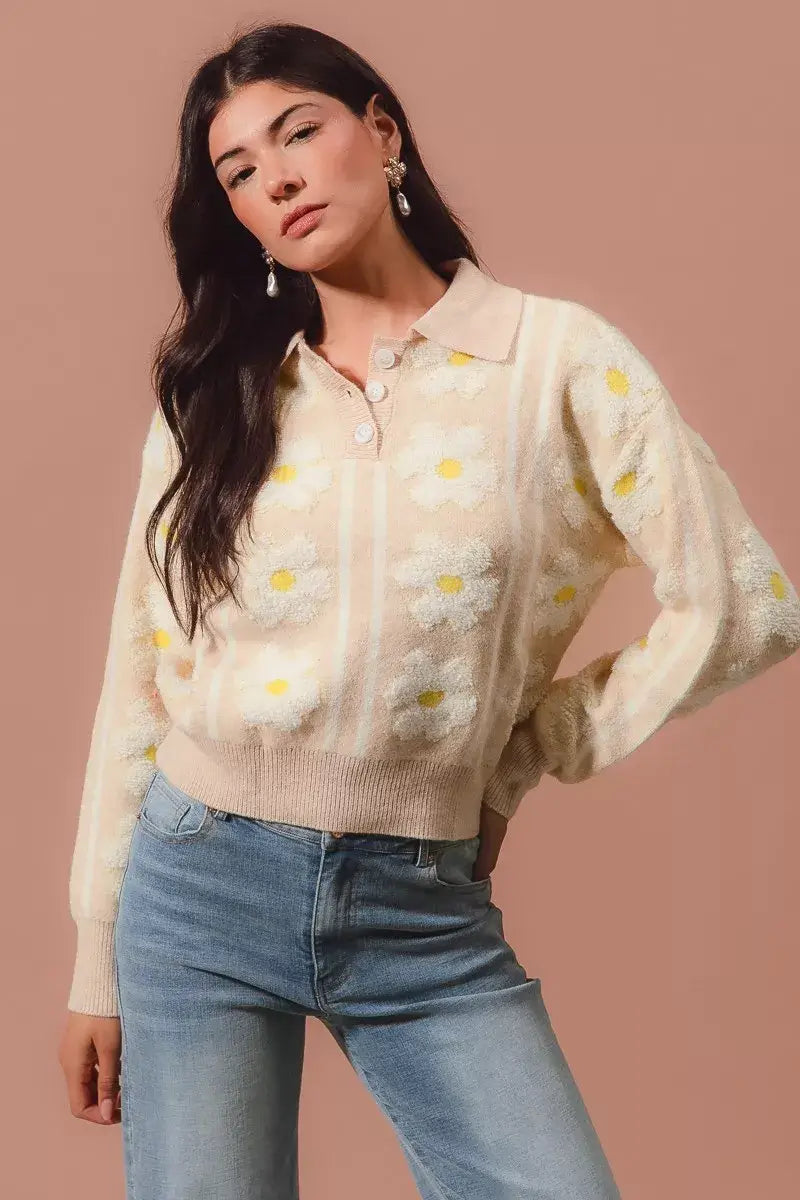 SO ME Floral Stripe Polo Collar Sweater Hauptbild