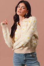 SO ME Floral Stripe Polo Collar Sweater