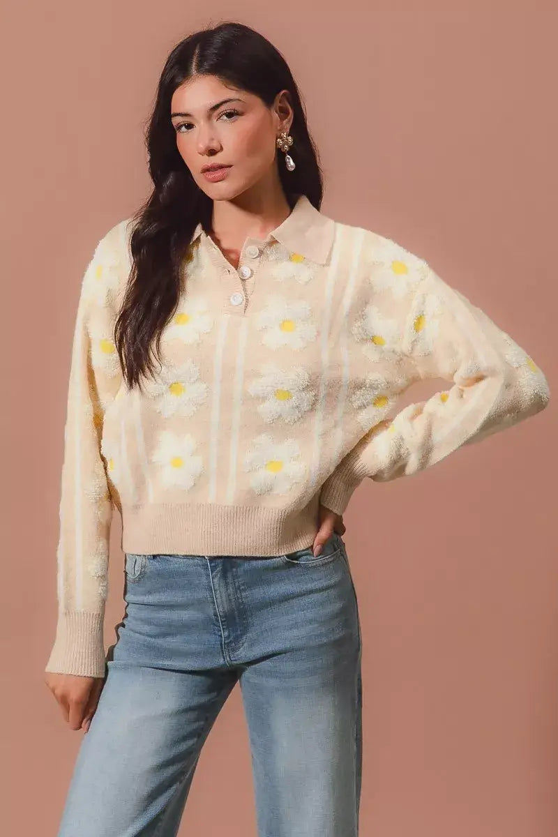 SO ME Floral Stripe Polo Collar Sweater