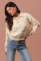 SO ME Floral Stripe Polo Collar Sweater