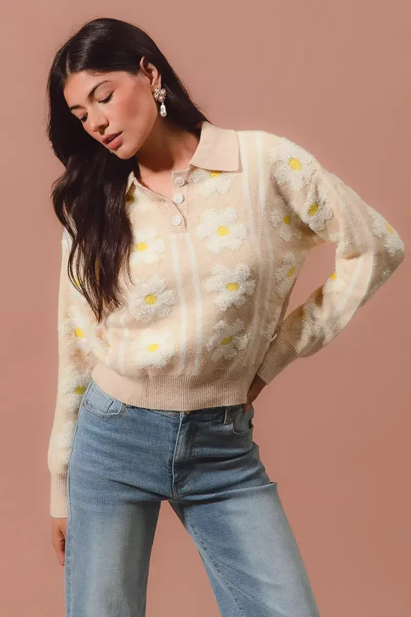 SO ME Floral Stripe Polo Collar Sweater
