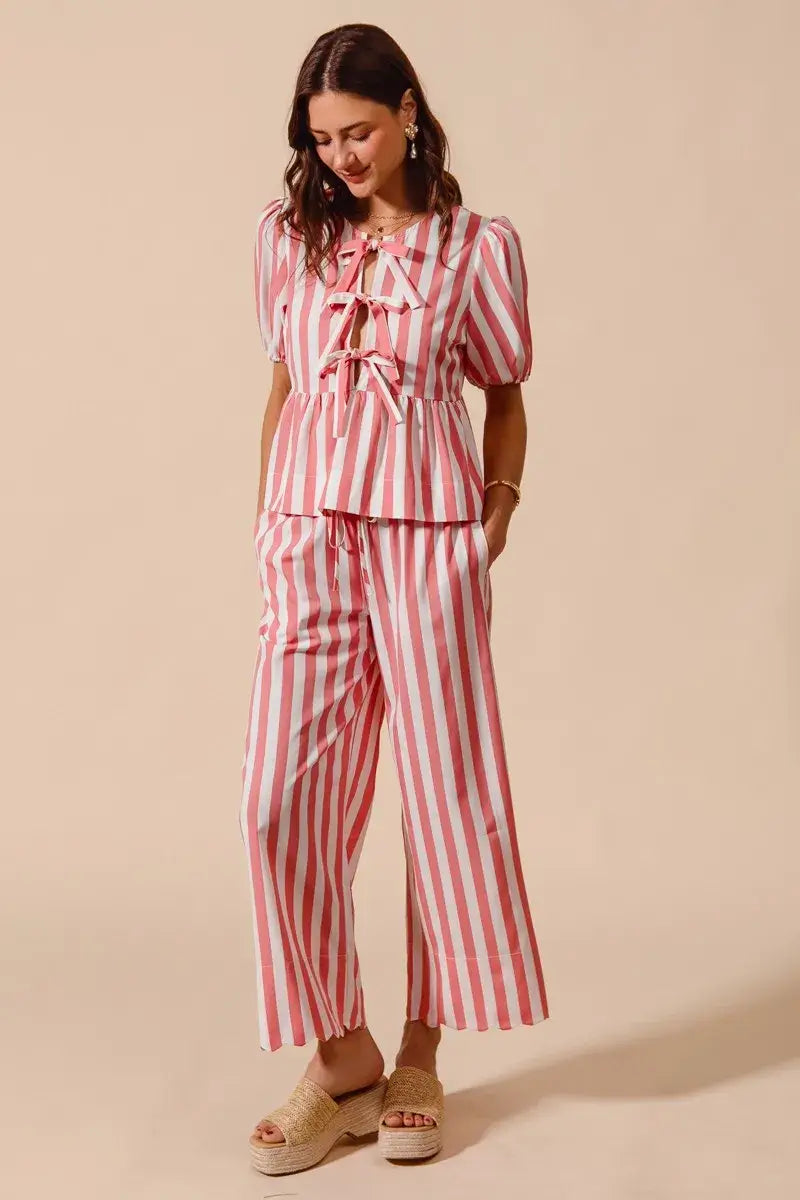 SO ME Front Tie Stripe Top With Puff Sleeves and Wide Leg Pants Set Hauptbild