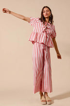 SO ME Front Tie Stripe Top With Puff Sleeves and Wide Leg Pants Set