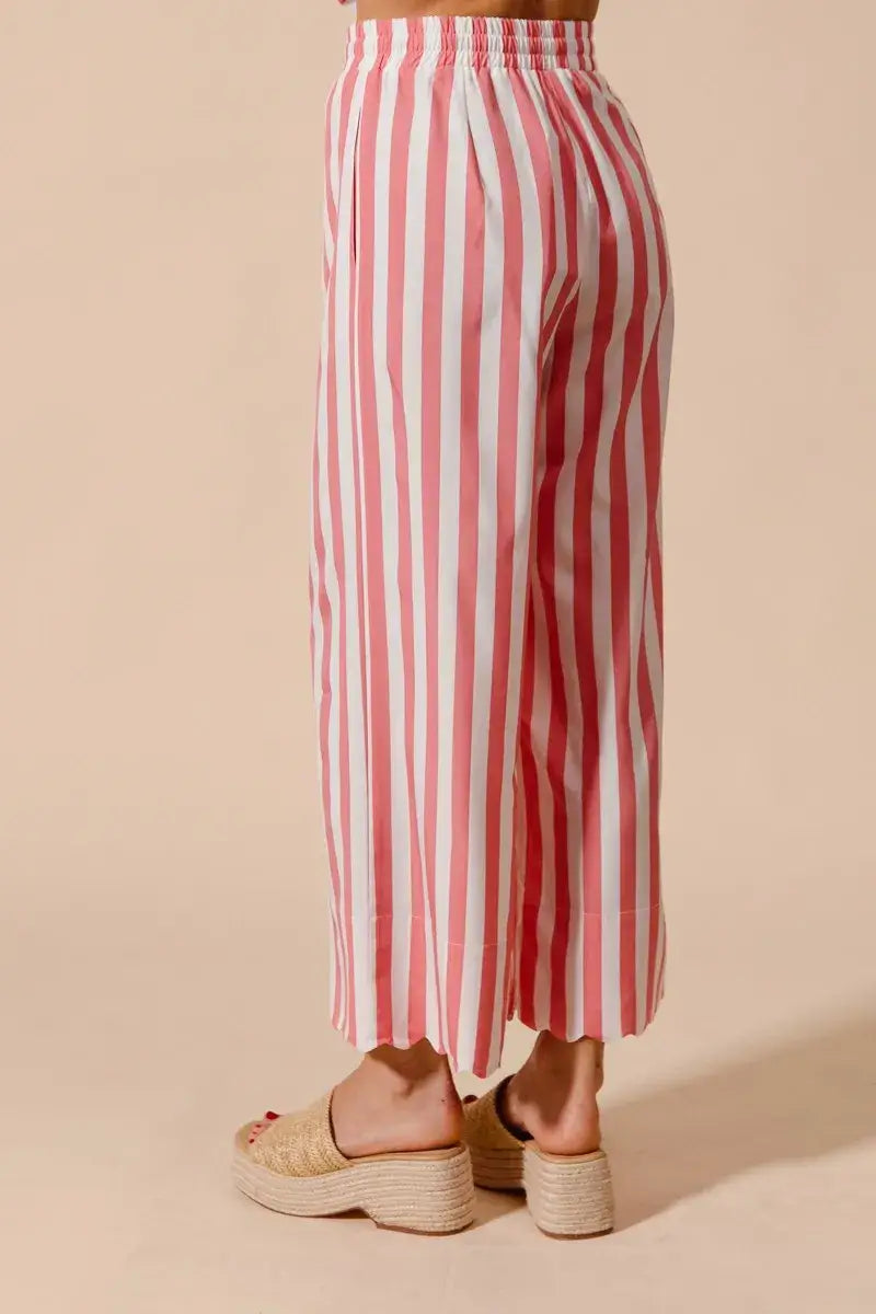 SO ME Front Tie Stripe Top With Puff Sleeves and Wide Leg Pants Set