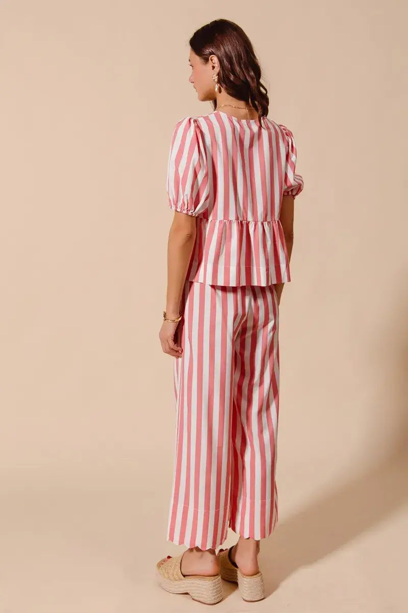 SO ME Front Tie Stripe Top With Puff Sleeves and Wide Leg Pants Set
